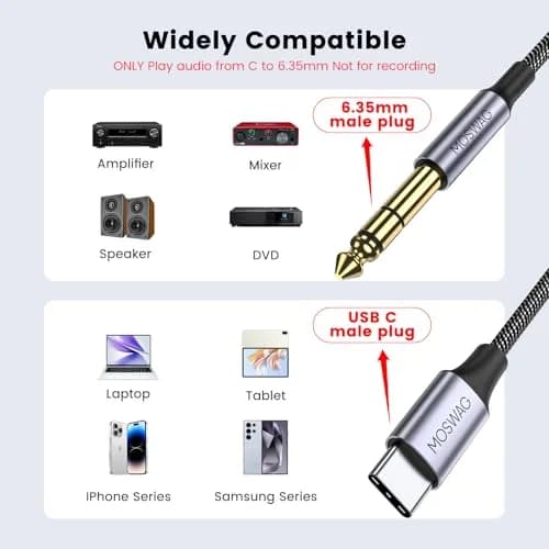 MOSWAG USB C to 1/4 Inch TRS Audio Cable 3m (10ft) | Hi-Fi Stereo Sound for Smartphones to Amplifiers thumbnail 2