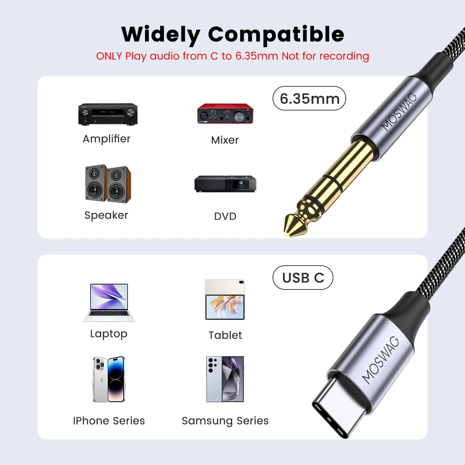 MOSWAG USB C to 6.35mm Audio Cable 2m (6.6ft) | Hi-Fi Stereo Sound for Amps & Speakers - view 2