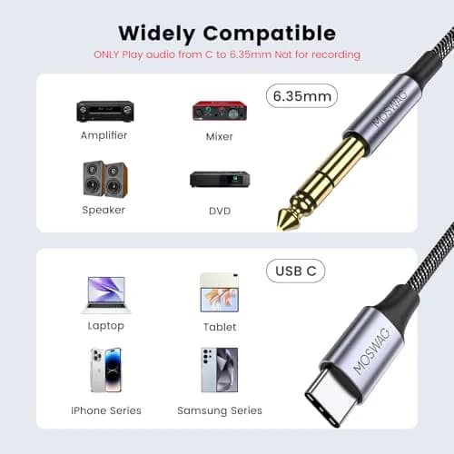 MOSWAG USB C to 6.35mm Audio Cable 2m (6.6ft) | Hi-Fi Stereo Sound for Amps & Speakers thumbnail 2
