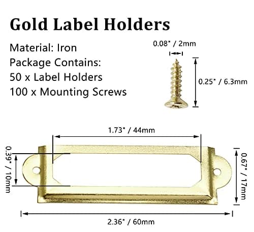Qjaiune Gold Metal Label Holders 60x17mm (2.36"x0.67") with Screws | Rust-Resistant Iron for Cabinets & Drawers thumbnail 3
