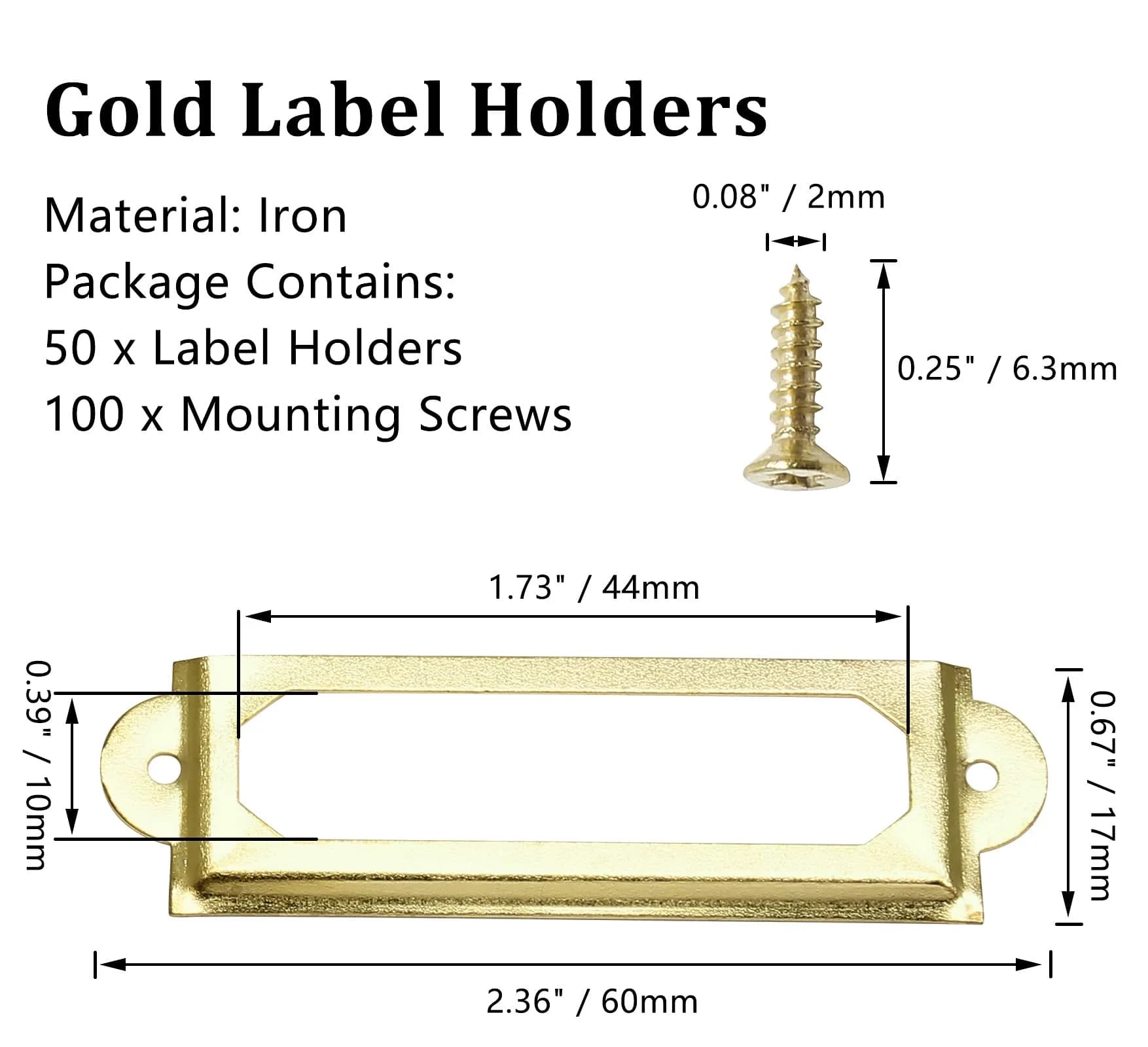 Qjaiune Gold Metal Label Holders 60x17mm (2.36"x0.67") with Screws | Rust-Resistant Iron for Cabinets & Drawers - view 3
