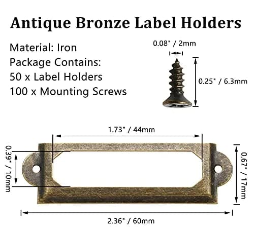 Qjaiune Metal Label Holders 60x17mm Antique Bronze with Screws | Pack of 50 for Cabinets & Drawers thumbnail 3