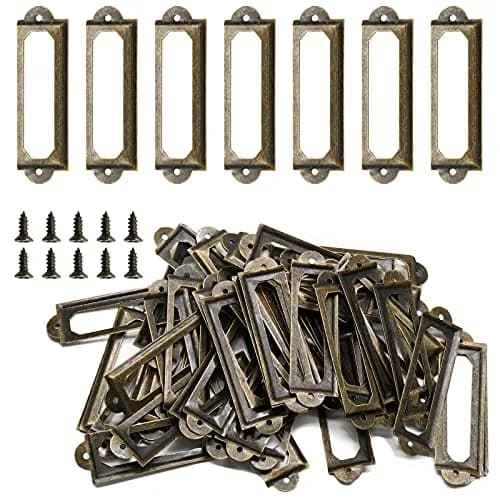 Qjaiune Gold Metal Label Holders 60x17mm (2.36"x0.67") with Screws | Rust-Resistant Iron for Cabinets & Drawers — Antique Bronze, 60x17mm