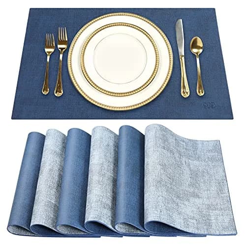 SUEH DESIGN Leather Placemats Set of 6, Navy Blue & Light Blue | Reversible Heat & Water-Resistant Dining Table Mats (43x31 cm) thumbnail 1