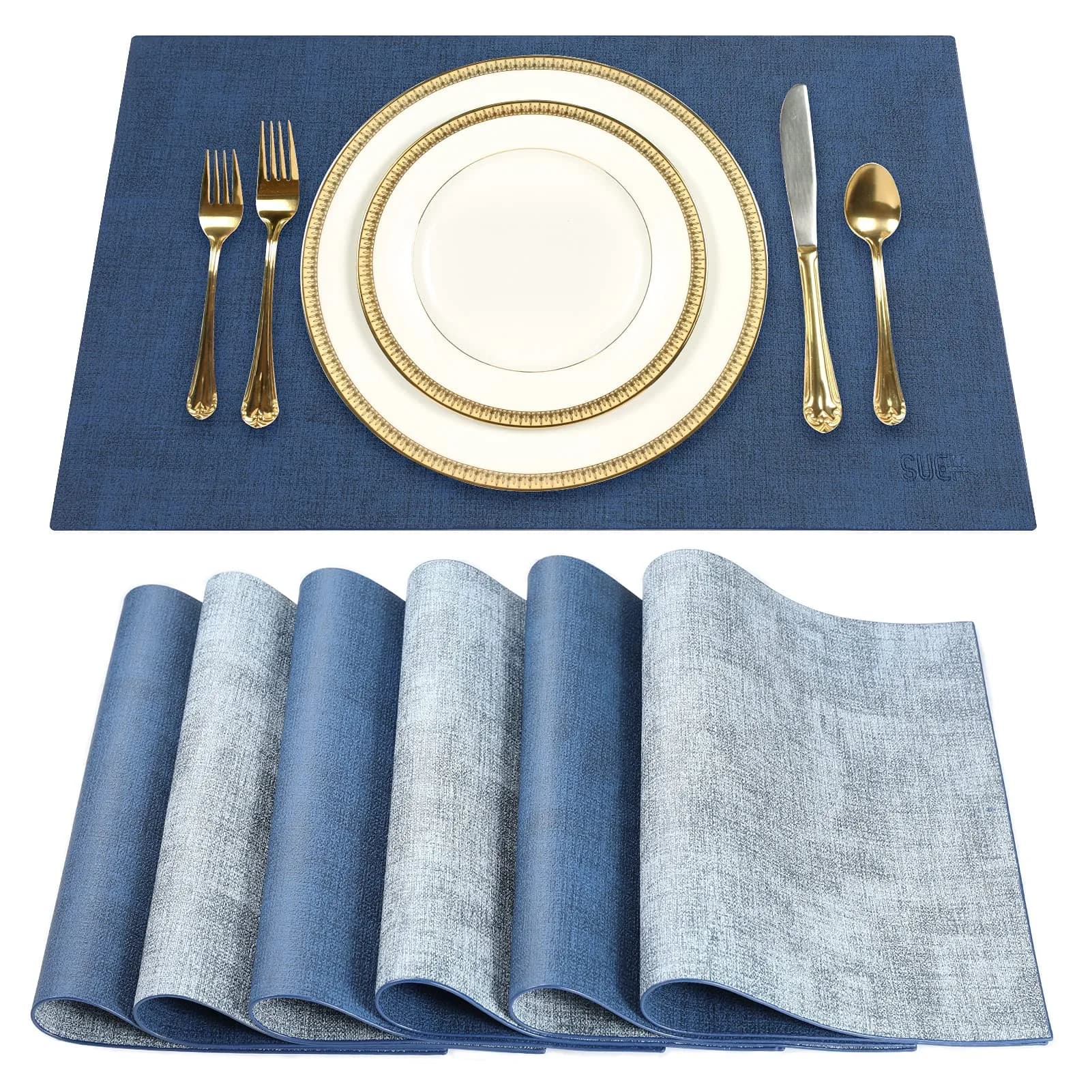 SUEH DESIGN Leather Placemats Set of 6, Navy Blue & Light Blue | Reversible Heat & Water-Resistant Dining Table Mats (43x31 cm)