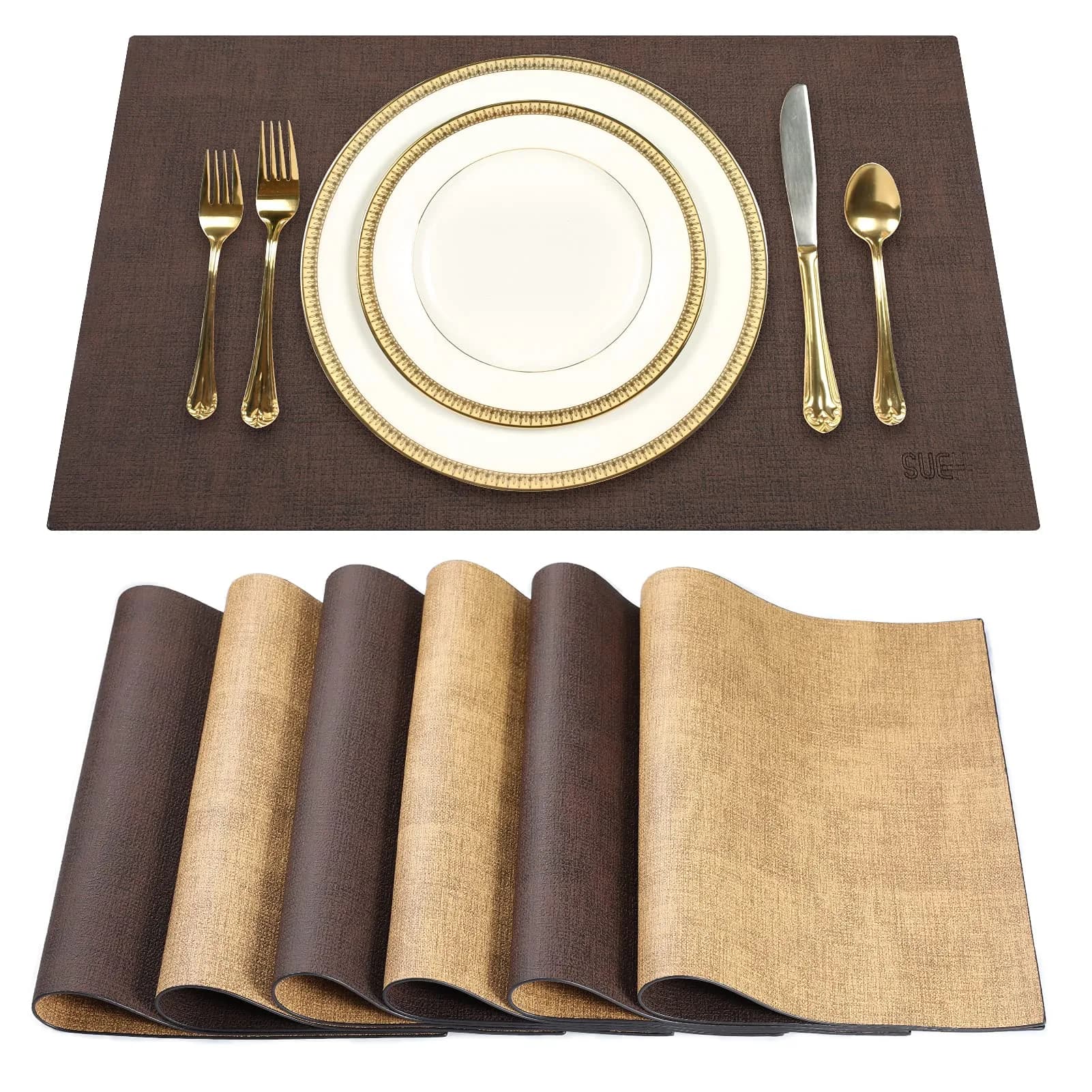 SUEH DESIGN Leather Placemats Set of 6 | Elegant Heat & Water Resistant Table Mats — A: Brown & Tan