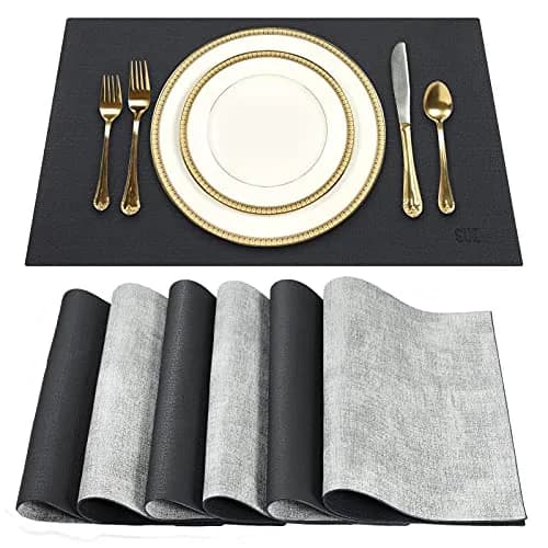 SUEH DESIGN Leather Placemats Set of 6, Black & Gray | Reversible Non-Slip Table Mats for Dining Kitchen thumbnail 1