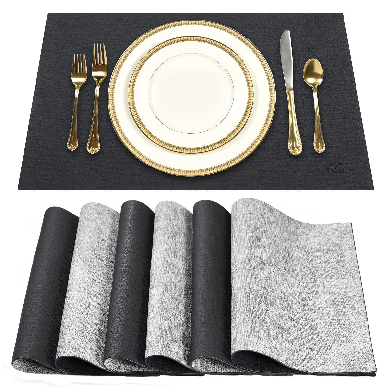 SUEH DESIGN Leather Placemats Set of 6, Black & Gray | Reversible Non-Slip Table Mats for Dining Kitchen