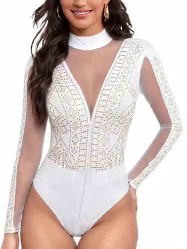 Lrady Women's Backless Rhinestone Bodysuit Long Sleeve High Neck Top | Sparkling Mesh Clubwear in XX-Large thumbnail 1