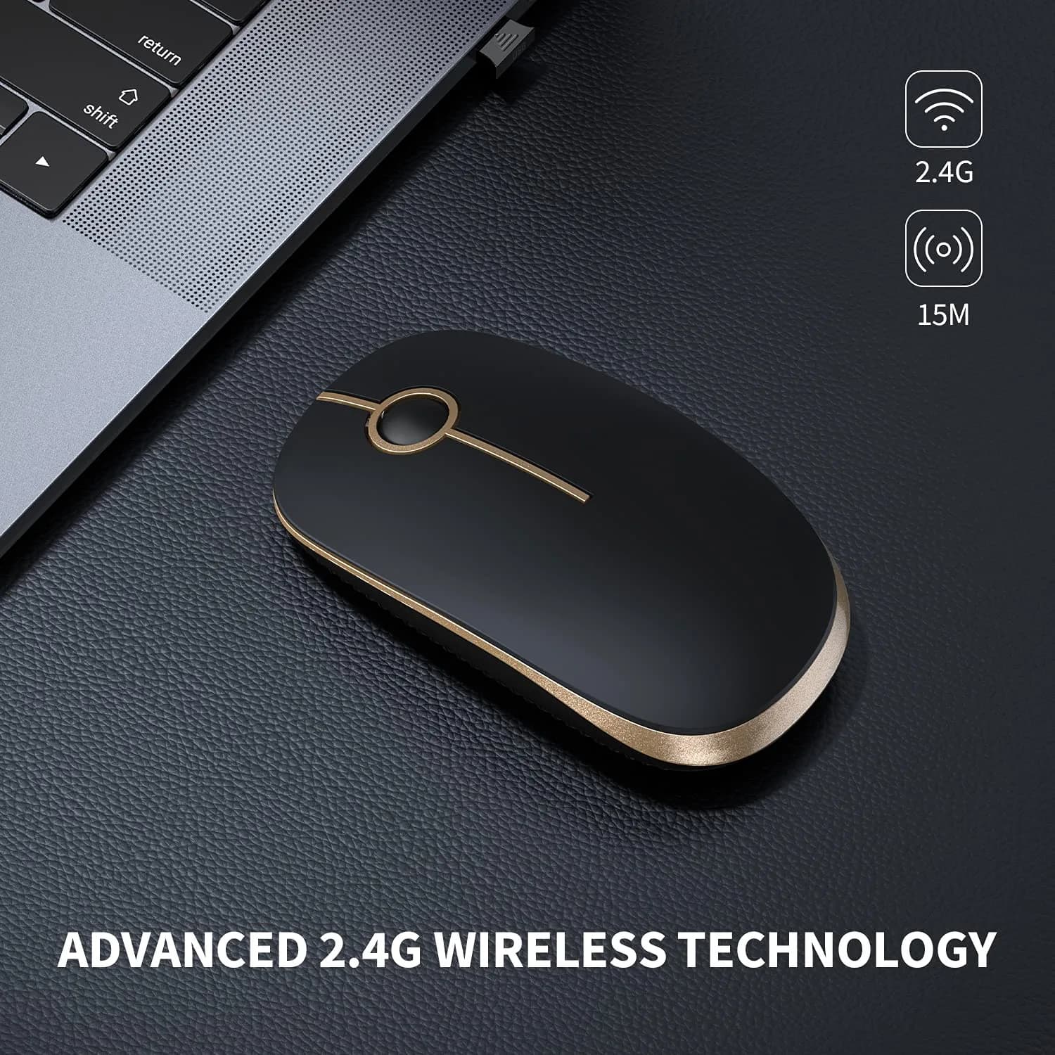 VssoPlor Wireless Mouse, Black and Gold, 4.7 x 2.6 inch (11.9 x 6.6 cm) | Silent Clicking & Stable 2.4GHz Connection - view 2