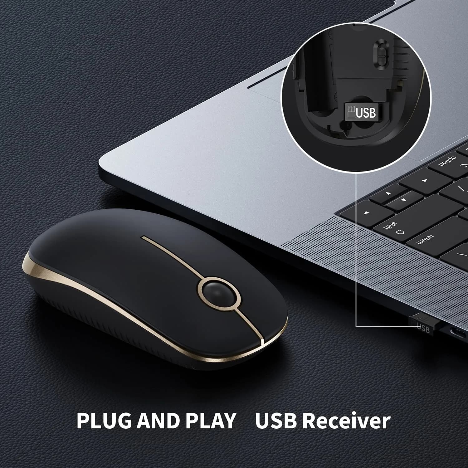 VssoPlor Wireless Mouse, Black and Gold, 4.7 x 2.6 inch (11.9 x 6.6 cm) | Silent Clicking & Stable 2.4GHz Connection - view 3