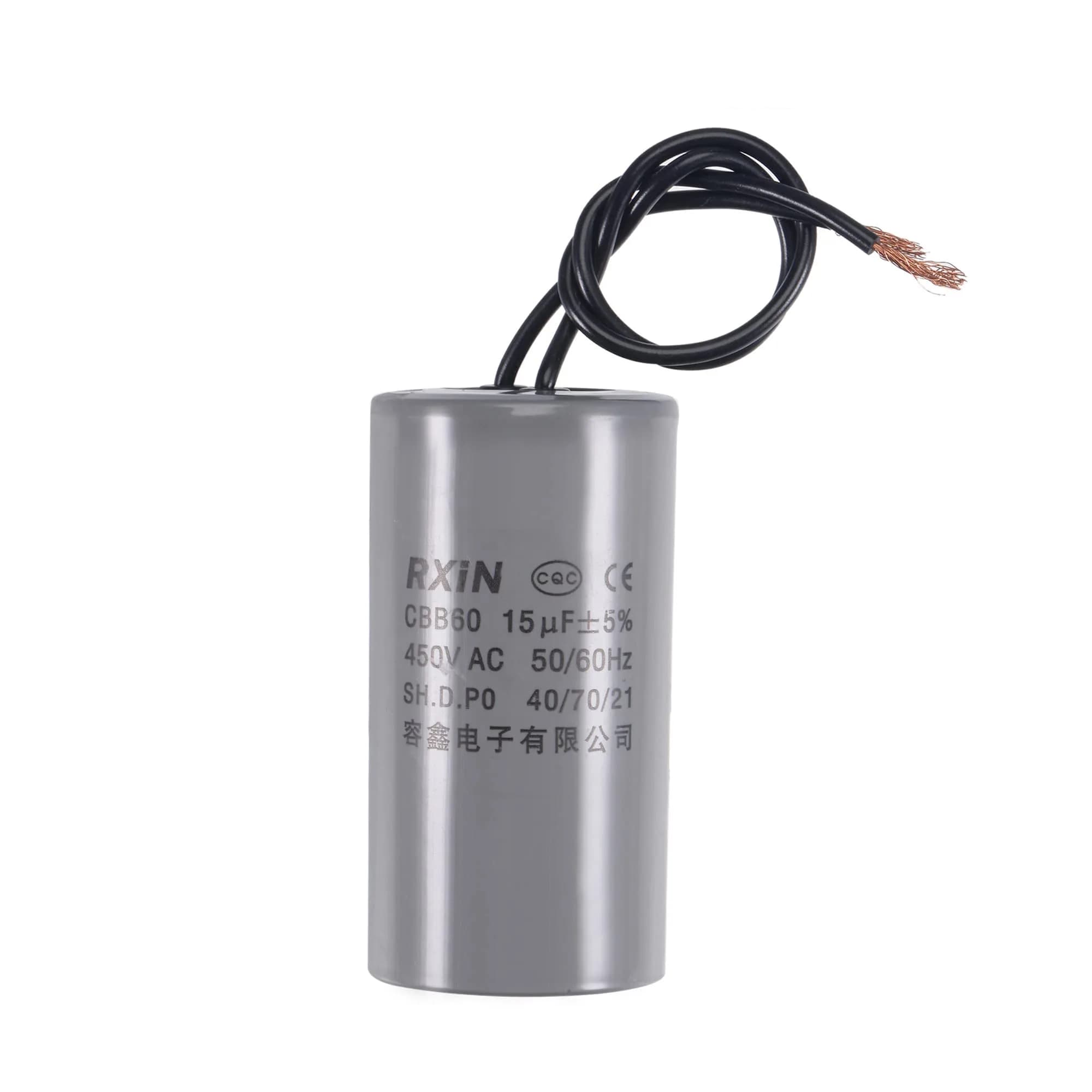 uxcell CBB60 Run Capacitor 15uF 450V AC 2 Wires Cylinder 74x38mm for Air Compressor Water Pump Motor | 15uF Polypropylene