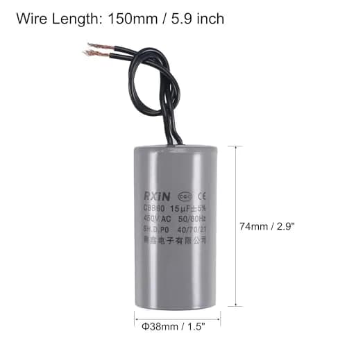 uxcell CBB60 Run Capacitor 15uF 450V AC 2 Wires Cylinder 74x38mm for Air Compressor Water Pump Motor | 15uF Polypropylene thumbnail 2