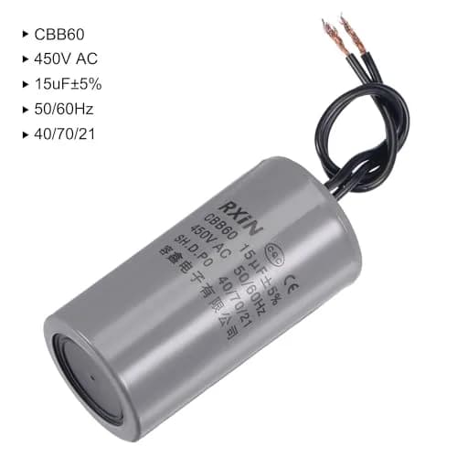 uxcell CBB60 Run Capacitor 15uF 450V AC 2 Wires Cylinder 74x38mm for Air Compressor Water Pump Motor | 15uF Polypropylene thumbnail 3