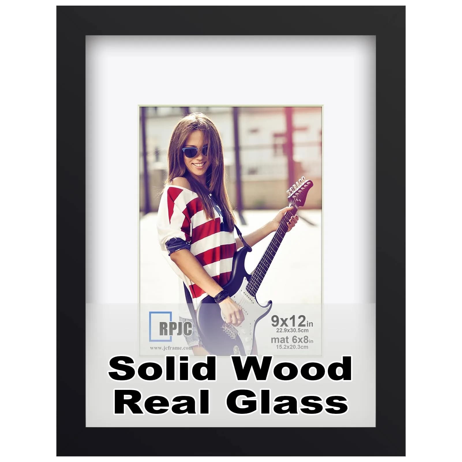 RPJC 9x12 (6x8 with Mat) Solid Wood Picture Frame Real Glass Cover Black | Classic Wall & Tabletop Display