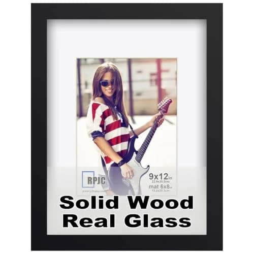 RPJC 9x12 (6x8 with Mat) Solid Wood Picture Frame Real Glass Cover Black | Classic Wall & Tabletop Display thumbnail 1