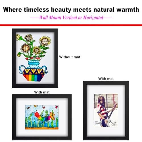 RPJC 9x12 (6x8 with Mat) Solid Wood Picture Frame Real Glass Cover Black | Classic Wall & Tabletop Display thumbnail 4