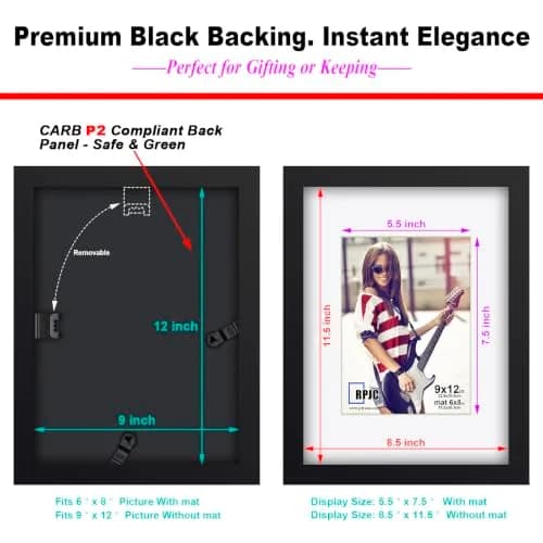 RPJC 9x12 (6x8 with Mat) Solid Wood Picture Frame Real Glass Cover Black | Classic Wall & Tabletop Display thumbnail 7