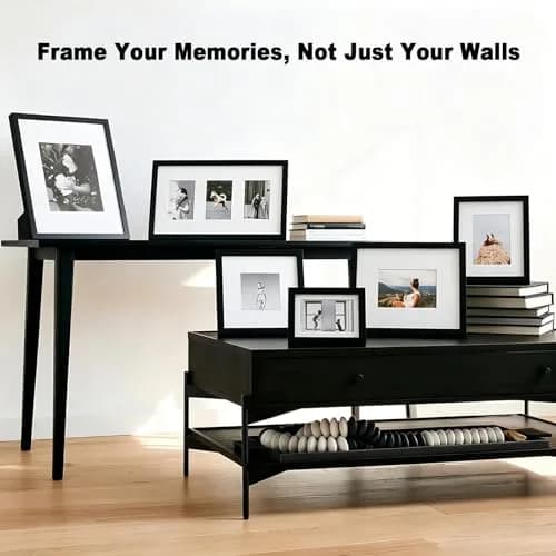 RPJC 9x12 (6x8 with Mat) Solid Wood Picture Frame Real Glass Cover Black | Classic Wall & Tabletop Display thumbnail 2