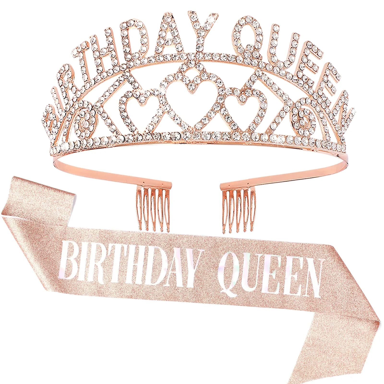 CIEHER Birthday Queen Sash & Rhinestone Tiara Kit - Rose Gold Crown with Combs for Women - Elegant Princess Tiara for Birthday Party Decorations and Gift — Rose Gold