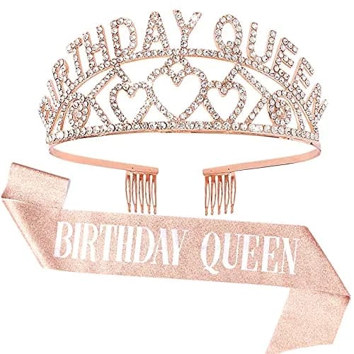 CIEHER Birthday Queen Sash & Rhinestone Tiara Kit - Rose Gold Crown with Combs for Women - Elegant Princess Tiara for Birthday Party Decorations and Gift thumbnail 1