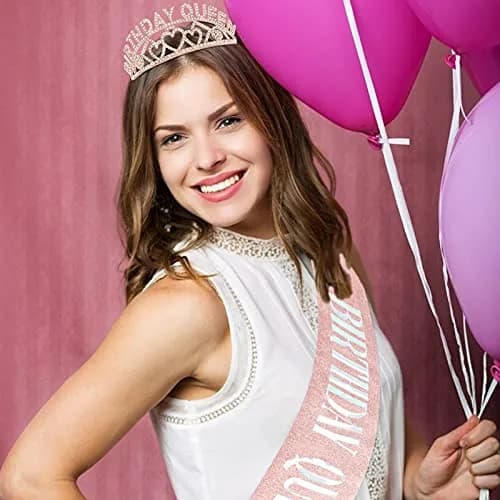 CIEHER Birthday Queen Sash & Rhinestone Tiara Kit - Rose Gold Crown with Combs for Women - Elegant Princess Tiara for Birthday Party Decorations and Gift thumbnail 2