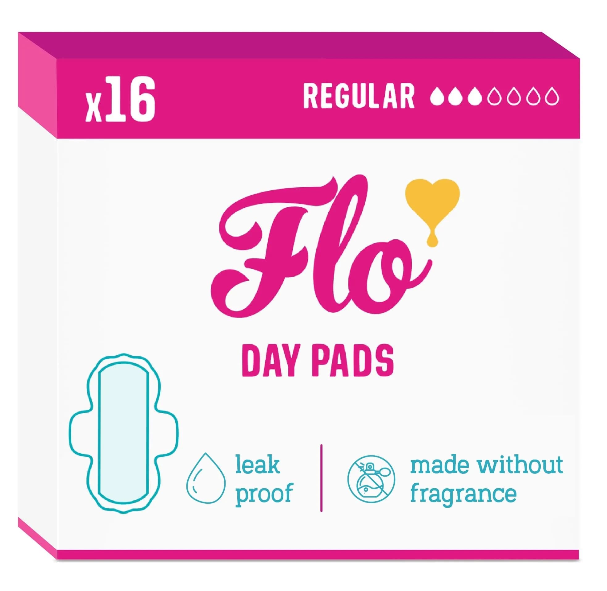 FLO Organic Bamboo Day Pads 16 Count (16 pads) | Dermatologist Tested for Sensitive Skin — Day
