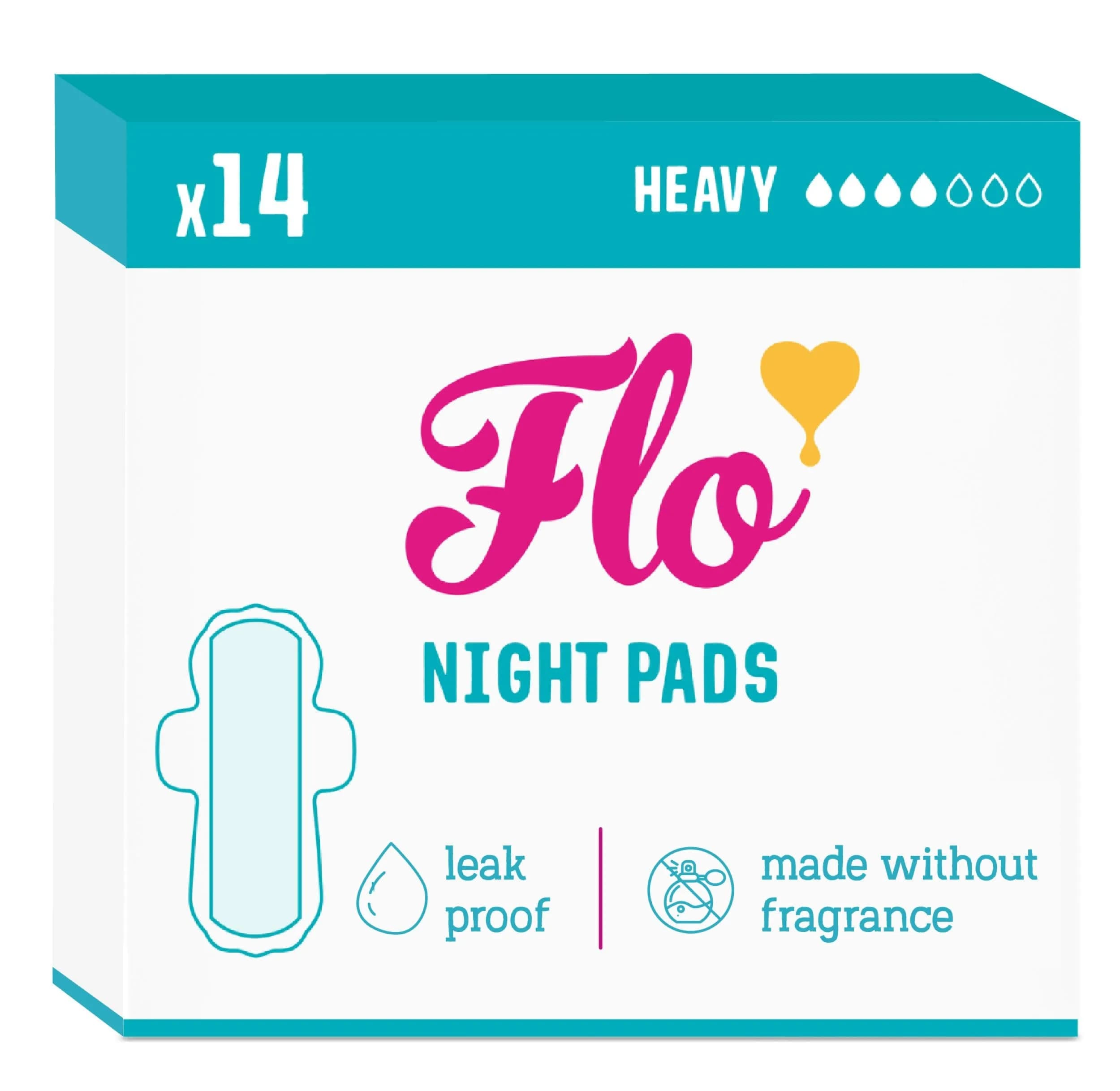 FLO Night Menstrual Pads 14 Count (Pack of 1) | Organic Bamboo Period Pads for Heavy Flow — Pad