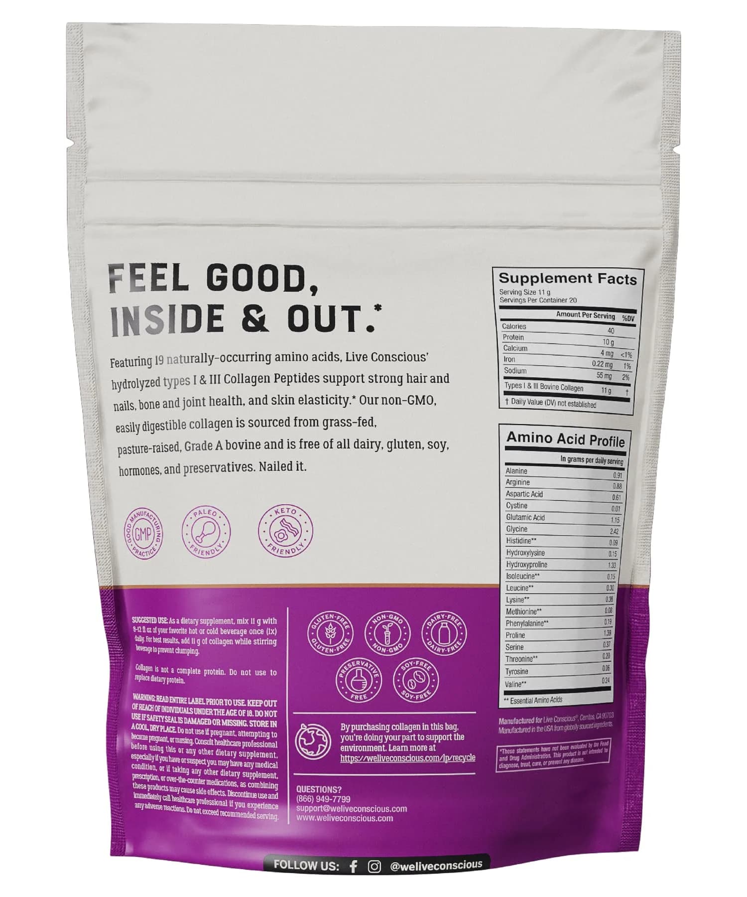 Live Conscious Collagen Peptides Powder Type I & III, 7.8 oz (221g) | Hydrolyzed Bovine Protein for Skin, Hair, Nails - view 6