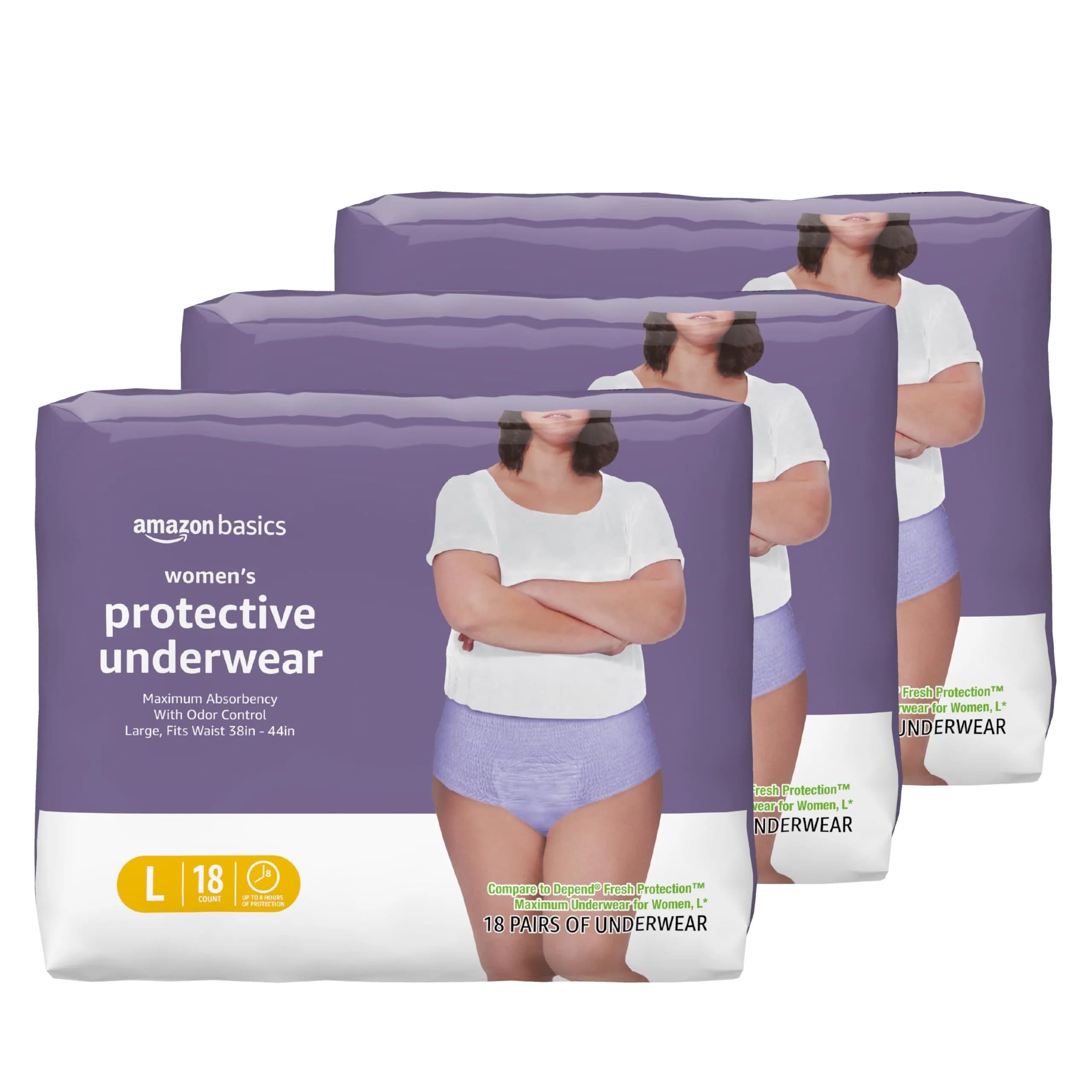 Amazon Basics Incontinence Underwear for Women, Large, Lavender, 54 Count (3 Packs of 18) | Maximum Absorbency & Odor Protection — Lavender