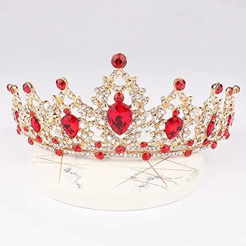 CAVETEE Gold Baroque Queen Crown for Women - Luxurious Red Rhinestones - Wedding, Prom, Christmas, Thanksgiving thumbnail 5