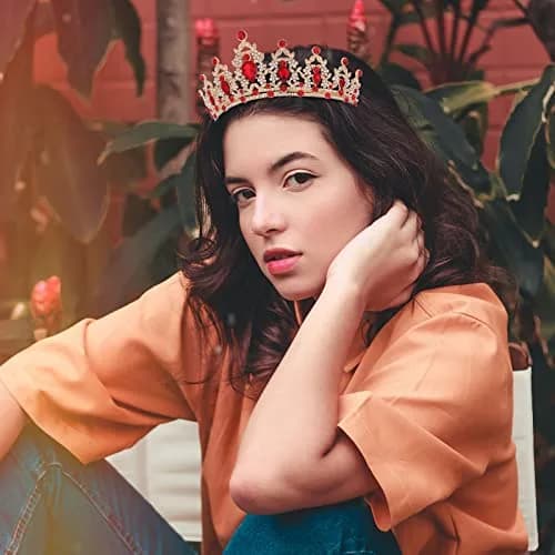 CAVETEE Gold Baroque Queen Crown for Women - Luxurious Red Rhinestones - Wedding, Prom, Christmas, Thanksgiving thumbnail 7