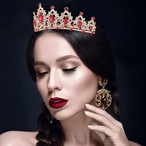 CAVETEE Gold Baroque Queen Crown for Women - Luxurious Red Rhinestones - Wedding, Prom, Christmas, Thanksgiving thumbnail 2