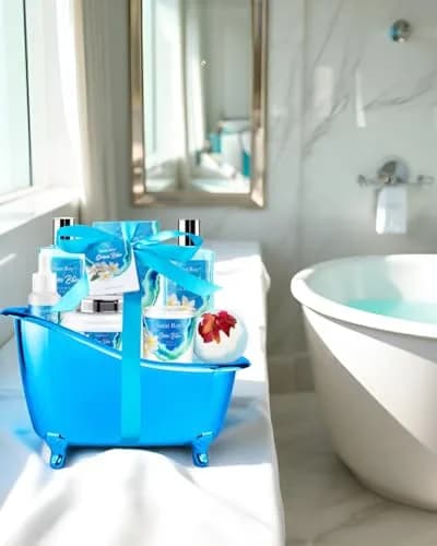 Saint Roy 8-Piece Spa Gift Basket Set with Ocean Bliss Scent | 200ml (6.7 Fl Oz) Shower Gel, 200ml (6.7 Fl Oz) Shampoo, 200ml (6.7 Fl Oz) Body Lotion, 30ml (1.01 Fl Oz) Body Oil, 100g (3.5 Oz) Bath Salt, 50g (1.76 Oz) Soy Candle, Bath Puff & Reusable Tub thumbnail 4