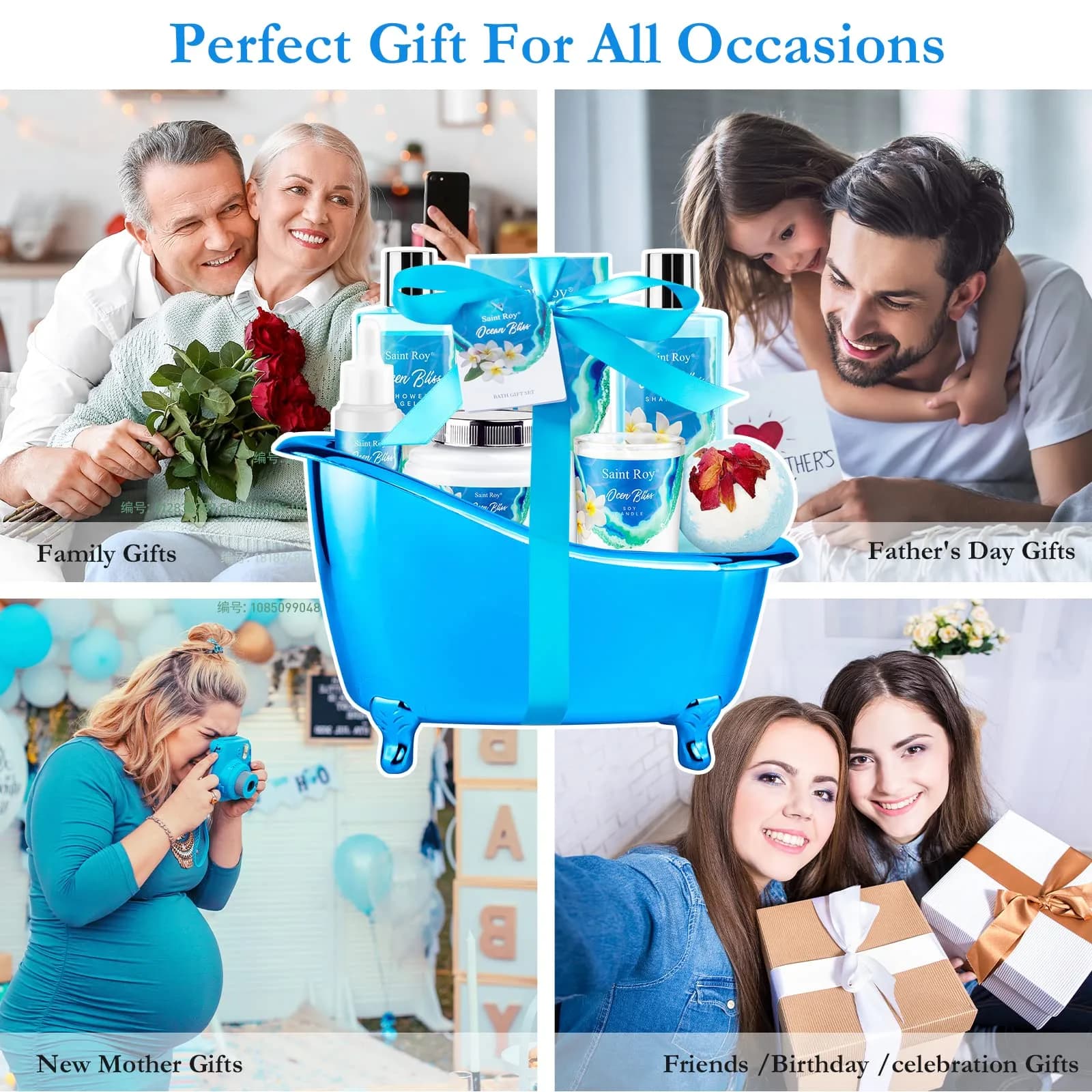Saint Roy 8-Piece Spa Gift Basket Set with Ocean Bliss Scent | 200ml (6.7 Fl Oz) Shower Gel, 200ml (6.7 Fl Oz) Shampoo, 200ml (6.7 Fl Oz) Body Lotion, 30ml (1.01 Fl Oz) Body Oil, 100g (3.5 Oz) Bath Salt, 50g (1.76 Oz) Soy Candle, Bath Puff & Reusable Tub - view 5