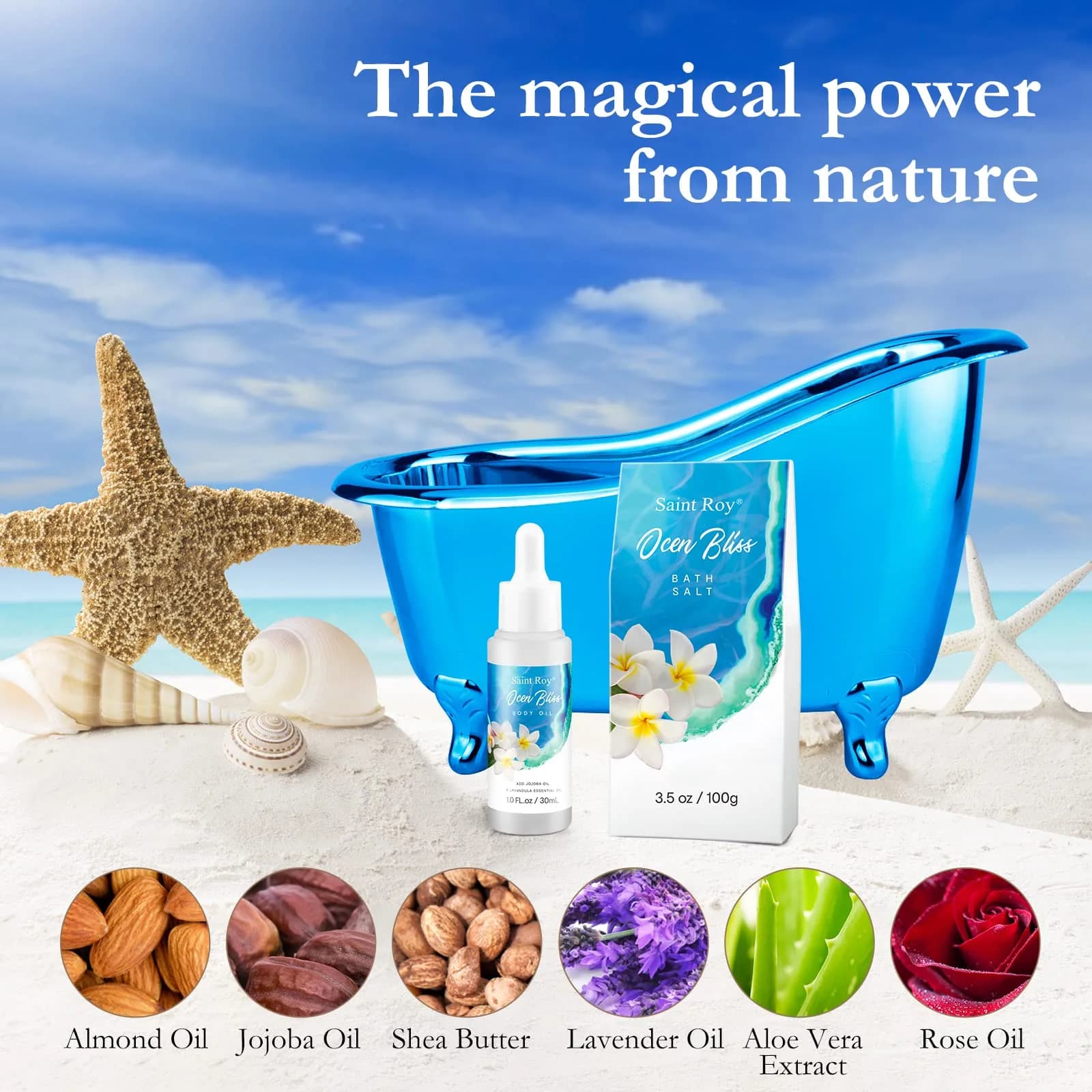 Saint Roy 8-Piece Spa Gift Basket Set with Ocean Bliss Scent | 200ml (6.7 Fl Oz) Shower Gel, 200ml (6.7 Fl Oz) Shampoo, 200ml (6.7 Fl Oz) Body Lotion, 30ml (1.01 Fl Oz) Body Oil, 100g (3.5 Oz) Bath Salt, 50g (1.76 Oz) Soy Candle, Bath Puff & Reusable Tub - view 6