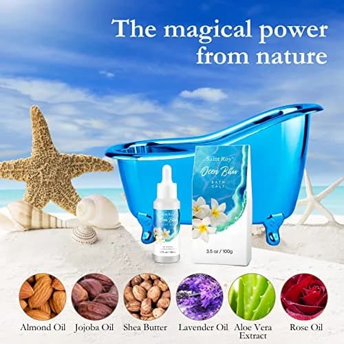 Saint Roy 8-Piece Spa Gift Basket Set with Ocean Bliss Scent | 200ml (6.7 Fl Oz) Shower Gel, 200ml (6.7 Fl Oz) Shampoo, 200ml (6.7 Fl Oz) Body Lotion, 30ml (1.01 Fl Oz) Body Oil, 100g (3.5 Oz) Bath Salt, 50g (1.76 Oz) Soy Candle, Bath Puff & Reusable Tub thumbnail 6