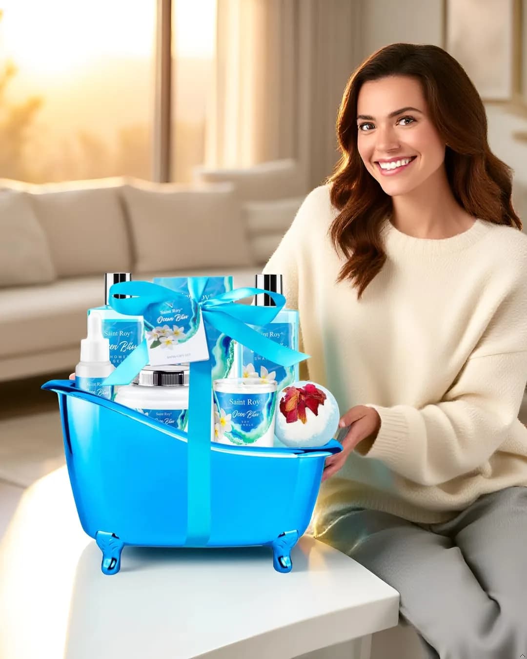 Saint Roy 8-Piece Spa Gift Basket Set with Ocean Bliss Scent | 200ml (6.7 Fl Oz) Shower Gel, 200ml (6.7 Fl Oz) Shampoo, 200ml (6.7 Fl Oz) Body Lotion, 30ml (1.01 Fl Oz) Body Oil, 100g (3.5 Oz) Bath Salt, 50g (1.76 Oz) Soy Candle, Bath Puff & Reusable Tub - view 7