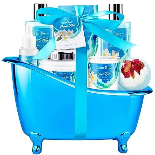 Saint Roy 8-Piece Spa Gift Basket Set with Ocean Bliss Scent | 200ml (6.7 Fl Oz) Shower Gel, 200ml (6.7 Fl Oz) Shampoo, 200ml (6.7 Fl Oz) Body Lotion, 30ml (1.01 Fl Oz) Body Oil, 100g (3.5 Oz) Bath Salt, 50g (1.76 Oz) Soy Candle, Bath Puff & Reusable Tub thumbnail 1