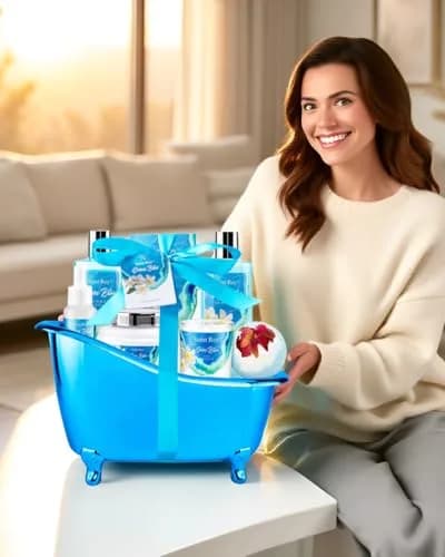 Saint Roy 8-Piece Spa Gift Basket Set with Ocean Bliss Scent | 200ml (6.7 Fl Oz) Shower Gel, 200ml (6.7 Fl Oz) Shampoo, 200ml (6.7 Fl Oz) Body Lotion, 30ml (1.01 Fl Oz) Body Oil, 100g (3.5 Oz) Bath Salt, 50g (1.76 Oz) Soy Candle, Bath Puff & Reusable Tub thumbnail 7