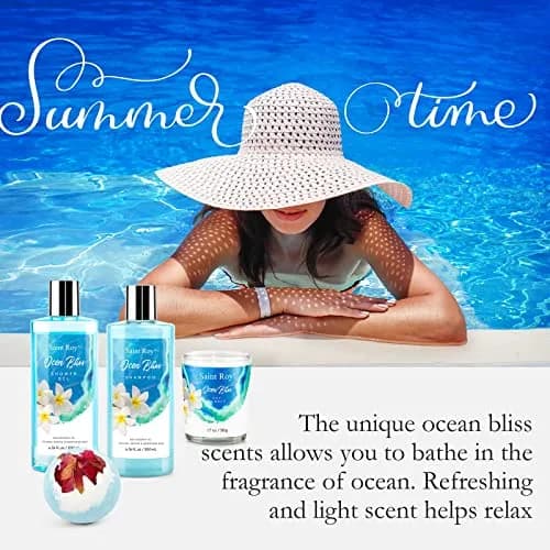 Saint Roy 8-Piece Spa Gift Basket Set with Ocean Bliss Scent | 200ml (6.7 Fl Oz) Shower Gel, 200ml (6.7 Fl Oz) Shampoo, 200ml (6.7 Fl Oz) Body Lotion, 30ml (1.01 Fl Oz) Body Oil, 100g (3.5 Oz) Bath Salt, 50g (1.76 Oz) Soy Candle, Bath Puff & Reusable Tub thumbnail 8