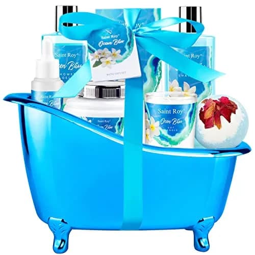 Saint Roy 8-Piece Spa Gift Basket Set with Ocean Bliss Scent | 200ml (6.7 Fl Oz) Shower Gel, 200ml (6.7 Fl Oz) Shampoo, 200ml (6.7 Fl Oz) Body Lotion, 30ml (1.01 Fl Oz) Body Oil, 100g (3.5 Oz) Bath Salt, 50g (1.76 Oz) Soy Candle, Bath Puff & Reusable Tub thumbnail 9