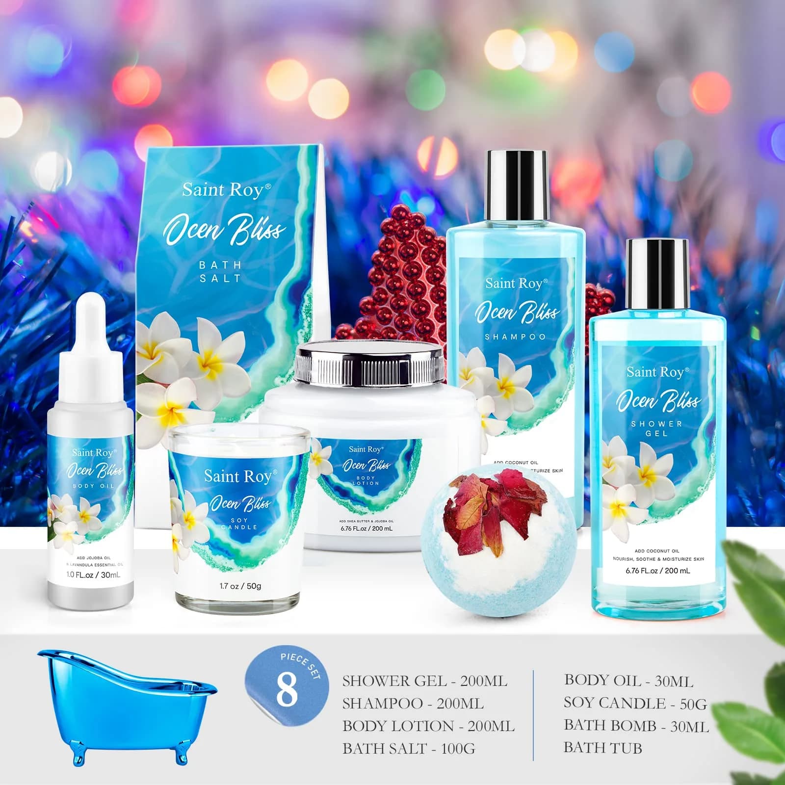 Saint Roy 8-Piece Spa Gift Basket Set with Ocean Bliss Scent | 200ml (6.7 Fl Oz) Shower Gel, 200ml (6.7 Fl Oz) Shampoo, 200ml (6.7 Fl Oz) Body Lotion, 30ml (1.01 Fl Oz) Body Oil, 100g (3.5 Oz) Bath Salt, 50g (1.76 Oz) Soy Candle, Bath Puff & Reusable Tub - view 2