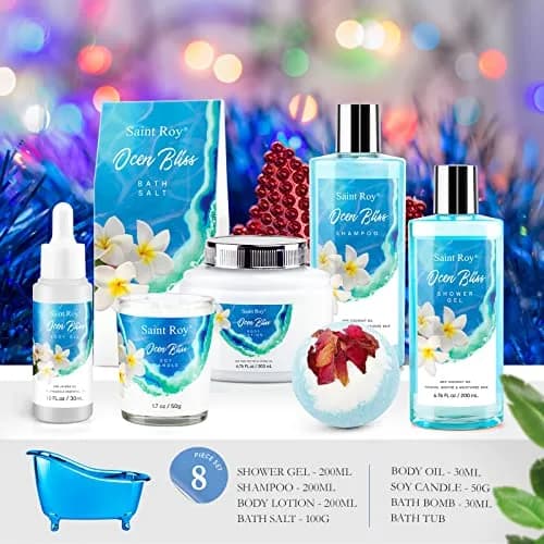 Saint Roy 8-Piece Spa Gift Basket Set with Ocean Bliss Scent | 200ml (6.7 Fl Oz) Shower Gel, 200ml (6.7 Fl Oz) Shampoo, 200ml (6.7 Fl Oz) Body Lotion, 30ml (1.01 Fl Oz) Body Oil, 100g (3.5 Oz) Bath Salt, 50g (1.76 Oz) Soy Candle, Bath Puff & Reusable Tub thumbnail 2
