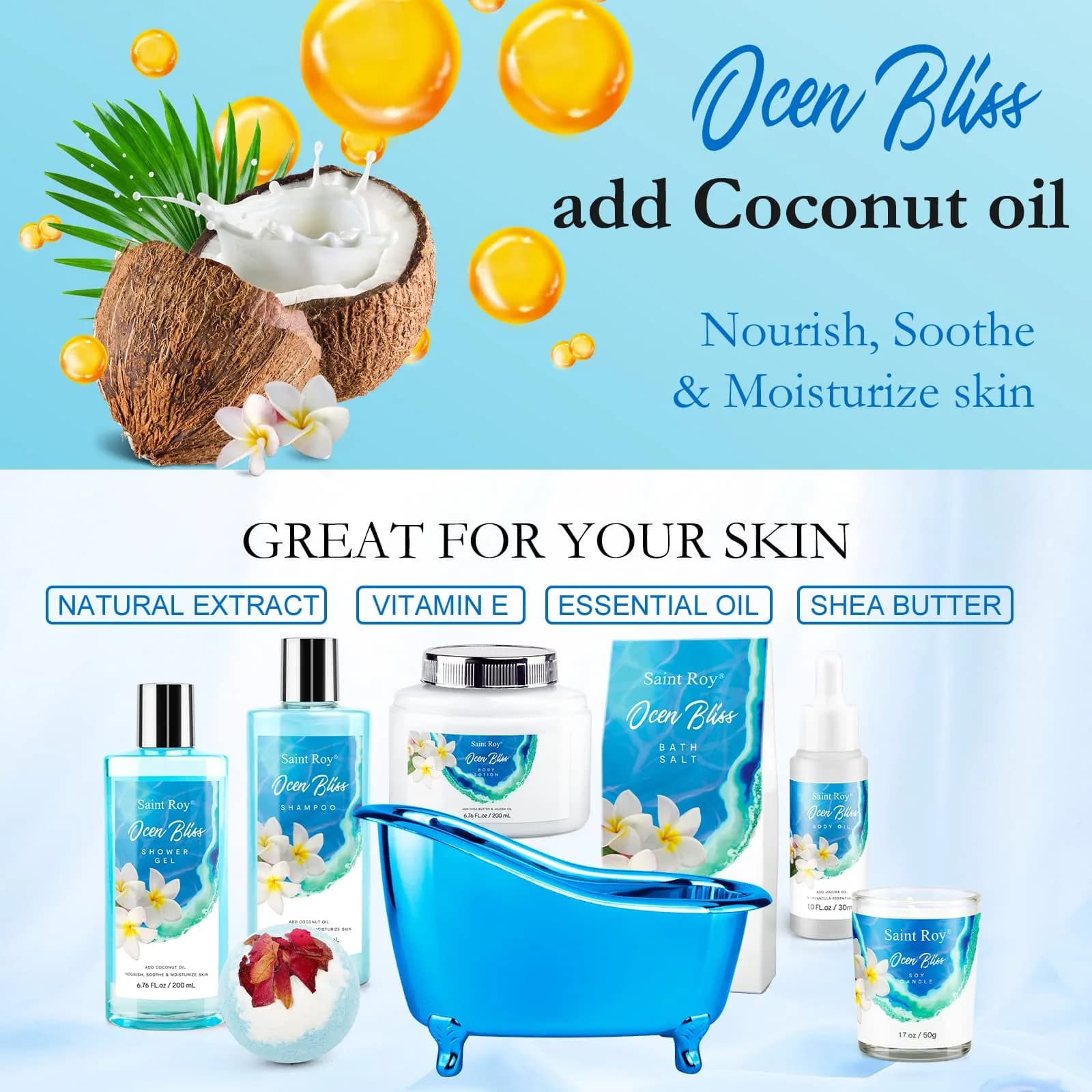 Saint Roy 8-Piece Spa Gift Basket Set with Ocean Bliss Scent | 200ml (6.7 Fl Oz) Shower Gel, 200ml (6.7 Fl Oz) Shampoo, 200ml (6.7 Fl Oz) Body Lotion, 30ml (1.01 Fl Oz) Body Oil, 100g (3.5 Oz) Bath Salt, 50g (1.76 Oz) Soy Candle, Bath Puff & Reusable Tub - view 3
