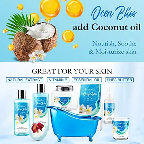 Saint Roy 8-Piece Spa Gift Basket Set with Ocean Bliss Scent | 200ml (6.7 Fl Oz) Shower Gel, 200ml (6.7 Fl Oz) Shampoo, 200ml (6.7 Fl Oz) Body Lotion, 30ml (1.01 Fl Oz) Body Oil, 100g (3.5 Oz) Bath Salt, 50g (1.76 Oz) Soy Candle, Bath Puff & Reusable Tub thumbnail 3