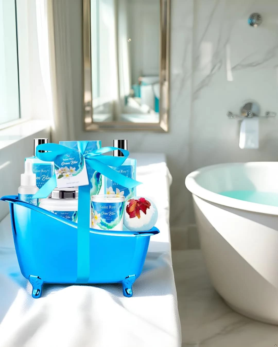 Saint Roy 8-Piece Spa Gift Basket Set with Ocean Bliss Scent | 200ml (6.7 Fl Oz) Shower Gel, 200ml (6.7 Fl Oz) Shampoo, 200ml (6.7 Fl Oz) Body Lotion, 30ml (1.01 Fl Oz) Body Oil, 100g (3.5 Oz) Bath Salt, 50g (1.76 Oz) Soy Candle, Bath Puff & Reusable Tub - view 4