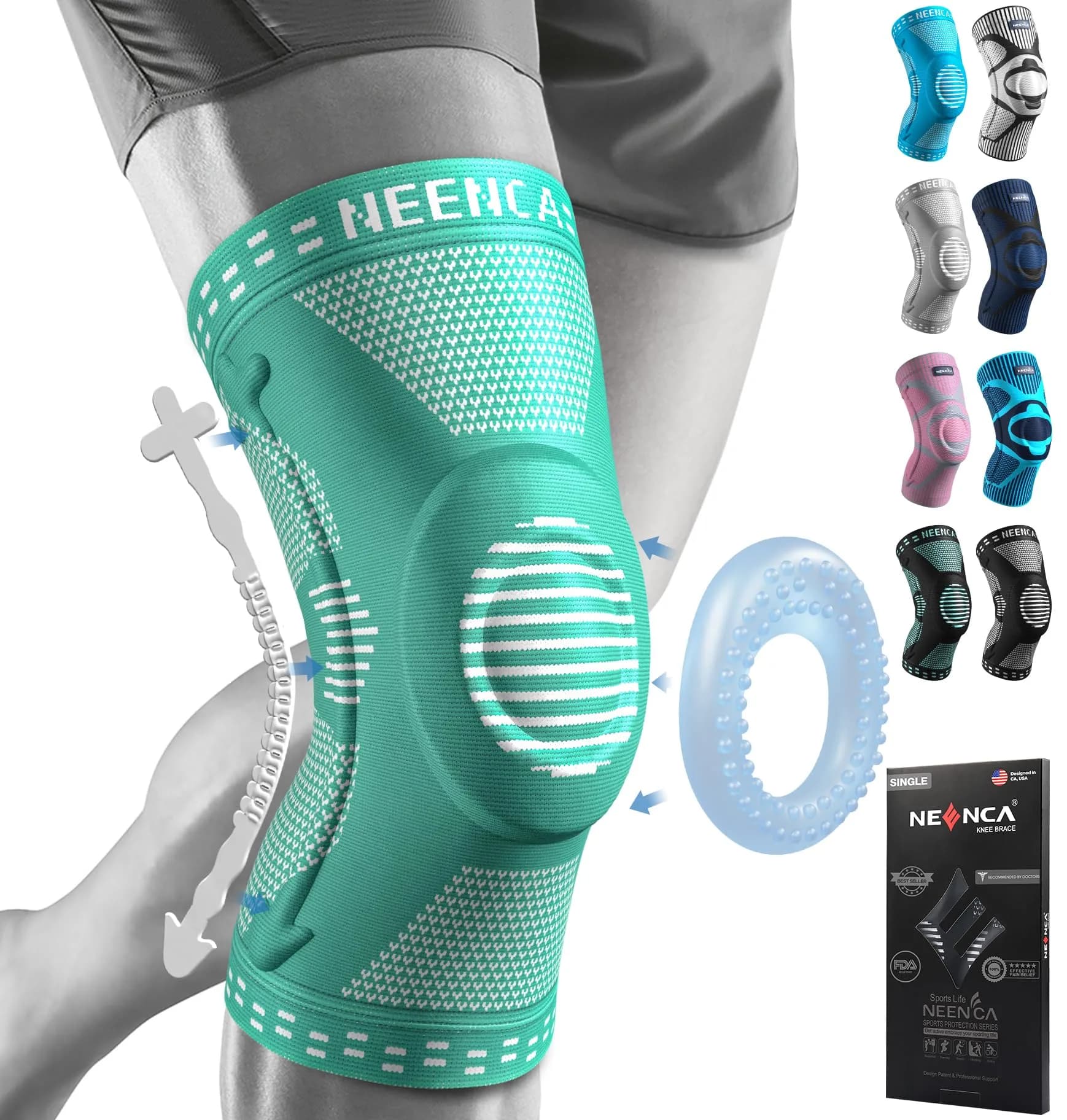 NEENCA Professional Knee Brace, Medical Support for Women & Men Relief | Patella Gel Pad & Stabilizers — Peacock-Blue