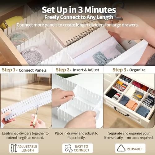 Bofoho Drawer Divider Adjustable Diy Storage Organizer Separator for Tidying Clutter Cutlery Makeup Clothes of Dresses, Desk & Box in Kitchen Bathroom Bedroom Office (White 32PCS) thumbnail 6