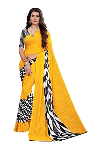 Yashika Georgette Print Saree with Blouse, Yellow, 5.5 m (18 ft) | Imported Saree for Women thumbnail 1